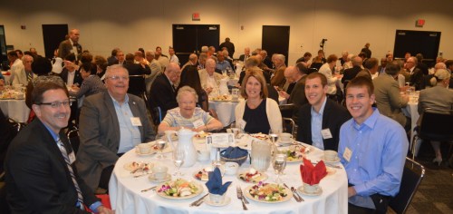Special guests from left: Fellow Rotarian and high school classmate Dan Olson, Rick Stadelman (Tim’s brother), Arlene Stadelman (Tim’s mom), Lori Stadelman (Tim’s wife), Ross Stadelman and Justin Stadelman (Tim’s sons).