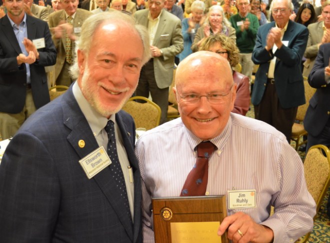 Jim Ruhly (right) received Joseph G. Werner Meritorious Service Award from Club President Ellsworth Brown